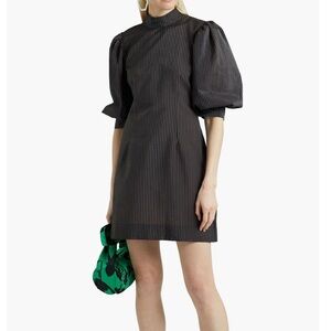 NWT Ganni Metallic Seersucker Puff Sleeve Dress Black 36